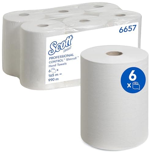 Image of Scott Slimroll Paper Towels 6657 White 1-Ply Rolled Hand Towels, Highly Absorbent, Tear-Resistant, FSC & EU Ecolabel Certified, Compatible with Dispensers, 6 Rolls x 165m (990m Total)