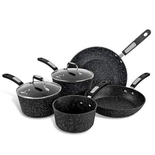 Image of Scoville NEVERSTICK 5 Piece Cookware Set, Non Stick Pots and Pans Set, 16cm Milk Pan, 18cm/20cm Saucepans with Lids, 26cm Frying Pan and 28cm Wok, Suitable for All Hobs, Aluminium, Non Toxic, Black