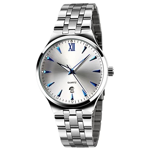 Image of TONSHEN Fashion Classic Analog Quartz Watch for Men Stainless Steel Calendar Window Business Wristwatches, 30M Waterproof Luminous Hands - Blue