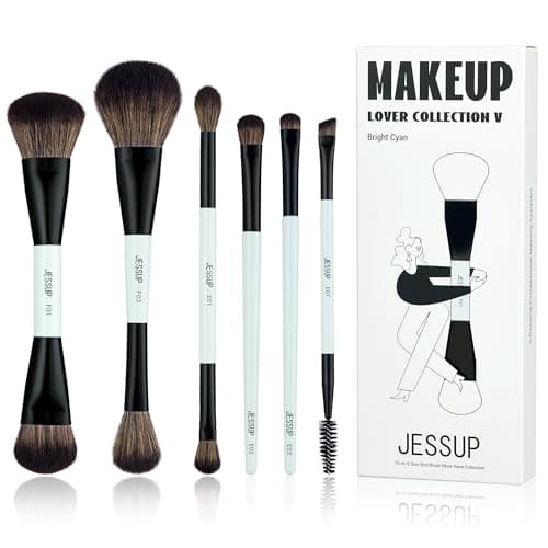 Image of Jessup Makeup Brush Set 6pcs Double Sided Makeup Brushes Foundation Contour Blush Highlight Blending Eyebrow Brush Eyeshadow Brush, Vegan Make up Brushes Bright Cyan T501