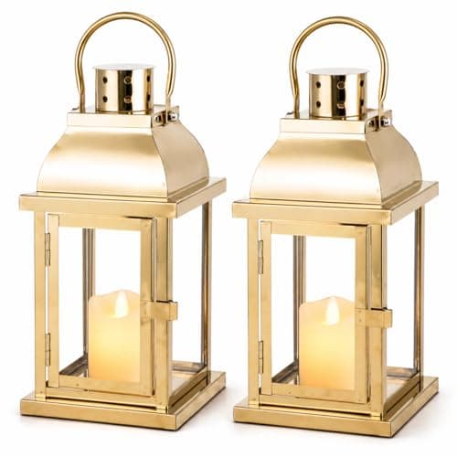Image of Set of 2 Gold Candle Lanterns, 25cm High Large Size – Decorative Wedding Table Lantern, Vintage Metal Candle Holders with Glass for Indoor Outdoor Garden Patio Romantic Decor