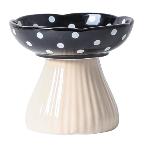 Image of TIGOADT Mushroom Raised Cat Bowl, Cute Ceramic Elevated Cat Food Bowl, Anti Vomit Wide Shallow Pet Feeder with Stand, Anti Whisker Fatigue Neck Protective Feeding Dish for Kittens & Adults (Black)