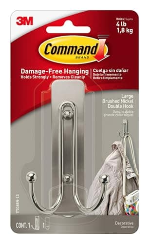 Image of Command Brushed Nickel Double Decorative Hook for Indoor Use - 1 Metal Large Hook and 1 Adhesive Strip - Hang Jackets, Purses, Handbags, Hats, Scarves, Dog Leads - Organise Damage Free