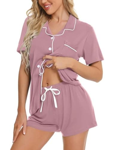 Image of SWOMOG Womens Button Down Pyjamas Set Short Sleeve Sleepwear Bride Soft Pj Lounge Sets
