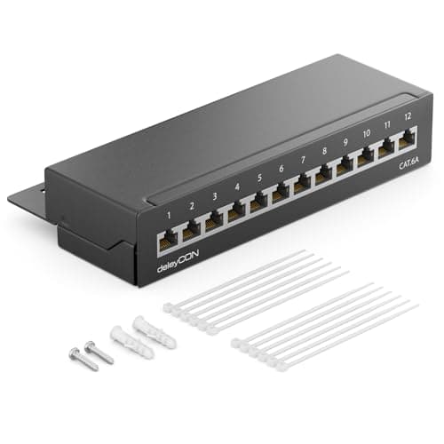 Image of deleyCON CAT6a 12-Port Network Panel Patch Panel Distributor Field Desktop & Wall Mounting Shielded 12x RJ45 Ports TIA568A TIA568B - Black