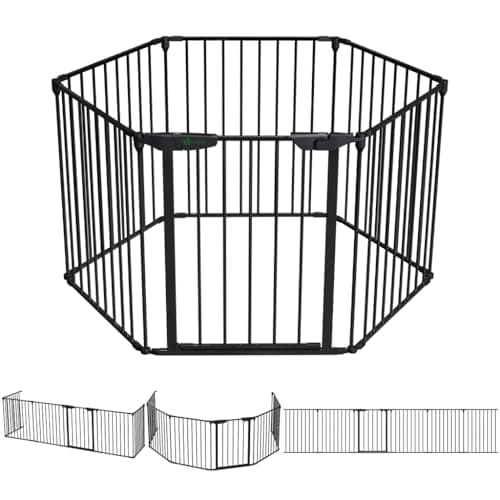 Image of VOUNOT® 6 Panel Safety Barrier Fireplace Protection Foldable Metal Fire Guard Hearth Gate with Lockable Door, Playpen Multi-Function Room Divider Pre-Assembled 3.75M Black