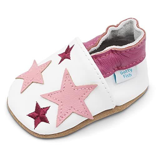 Image of Dotty Fish Soft Sole Leather Baby & Toddler Shoes – Barefoot, Non-Slip, Lightweight & Flexible, Elasticated Ankles - Unisex Boys & Girls, Podiatry Approved - White & Pink Stars 12-18 Months