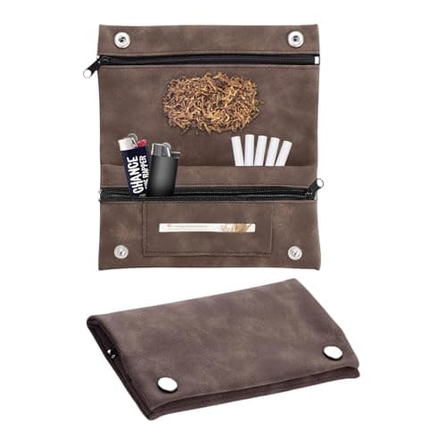 Image of GUOYOU Tobacco Pouches, Premium Leather Tobacco Pouch, Handmade Cigarette Case Bag, Waterproof Portable Tobacco Bag, with Magnetic Buttons and Zip, for Father's Day Gift (Brown)