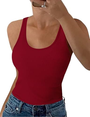 Image of Aottori Red Vest Tops Women UK Summer Ribbed Vest Top Ladies Sleeveless Cotton Slim Fitted Stretch Basic Cami Camisole Red S