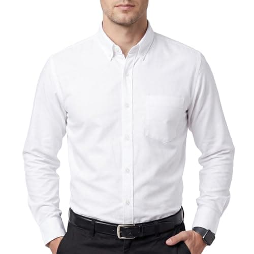 Image of Cotton King Mens Dress Shirts Cotton Long Sleeve Solid Formal Shirts for Men Button Down Business Oxford Shirts with Pocket- White - (XL)