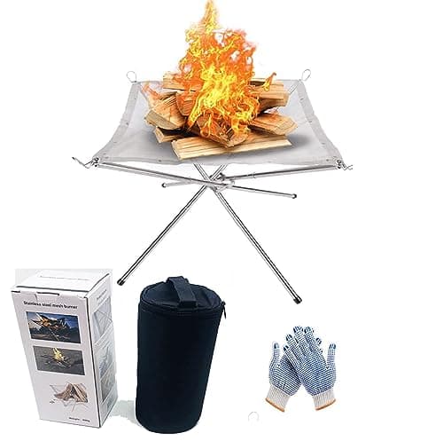 Image of Portable Fire Pit for Camping, Outdoor Folding Firepit Fireplace with Heat Resistant Gloves & Carrying Bag,16.5in Foldable Stainless Steel Mesh Fire Pit Fireplace BBQ Fire Bowl for Outdoor Patio