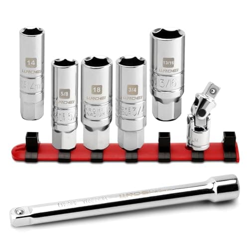 Image of LLNDEI 3/8 inch Spark Plug Socket Set, 6 Point, SAE & Metric (14mm,18mm,13/16",5/8",3/4"), 7 PCS CR-V Spark Plug Removal Tool with 6" Extension Bar and Universal Joint for Car Repair