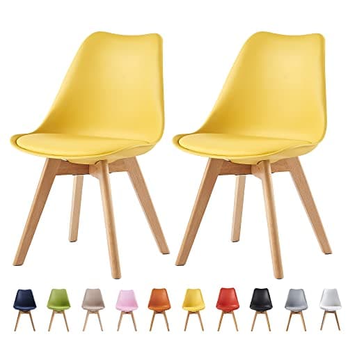Image of mcc direct Set of 2 Dining Chairs Wooden Legs Soft Cushion Pad Stylish DELUXE Retro Lounge Dining Office EVA (Yellow)