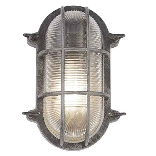 Image of Britalia Black Silver & Ribbed Glass Outdoor Vintage Oval Flush Bulkhead Wall Light | 248mm Length | IP44 Rated | 1 x ES E27 Lamp Bulb Required | Bathroom Use | UK Approved