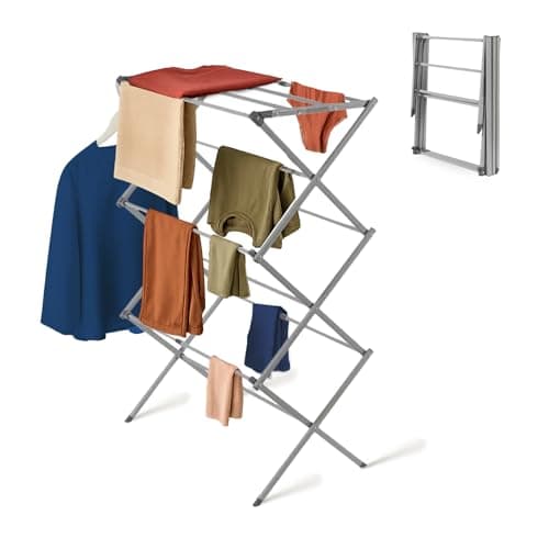 Image of Straame 3-Tier Expandable Clothes Airer Indoor Outdoor – Slimline Drying Rack (Expanded:71×37×103 cm, Folded: 51×43×9 cm), 10 kg Capacity, Rust-Resistant, Non-Slip Feet, Heavy-Duty Design (Grey)