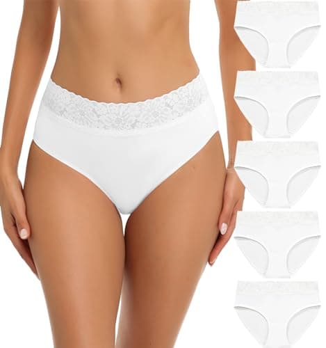 Image of Wealurre Cotton Underwear Women Lace Waistband Full Briefs Ladies High Leg Knickers for Women Soft Stretch Panties Multipack 5 (M,White)