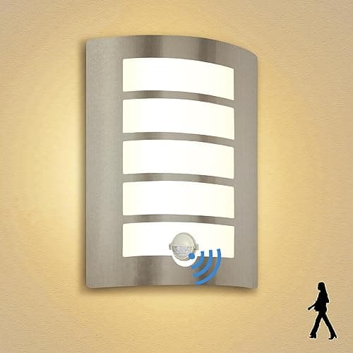 Image of Allesgute Outdoor Wall Lights with PIR Motion Sensor, Curved Outside Light Mains Powered Stainless Steel IP44 Waterproof Wall Lamp Incl. 12W E27 LED Bulbs Warm White for Front Door Porch Stairway