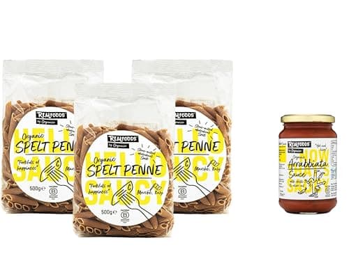 Image of Realfoods by Organico | Organic Spelt Penne Pasta 500g (Pack of 3) + Arrabbiata Sauce – Artisan-Made with Ancient Grain Triticum Dicoccum, Grown in Italy.