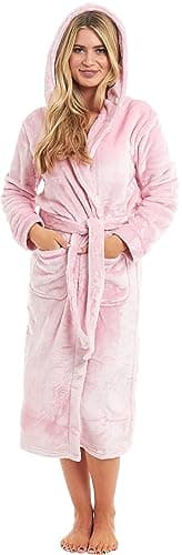 Image of KATE MORGAN Ladies Dressing Gown Fluffy Super Soft Hooded Bathrobe for Women Plush Fleece Perfect Loungewear Long Robe | Gifts for Women L Pink