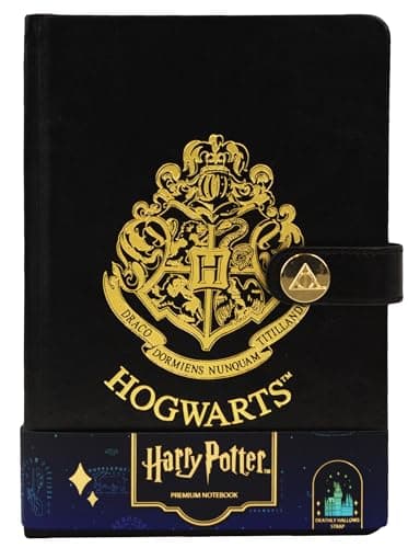 Image of Licensed Harry Potter House notebook journal, parchment paper, house logo, house history, Gold printed house crest logo in front, Hogwarts, Gryffindor, Slytherin, Hufflepuff and Ravenclaw (Hogwarts)