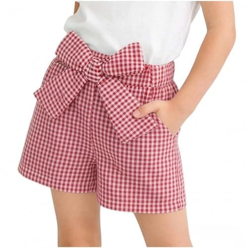 Image of Girls Shorts Checkered Bow Shorts Kids Gingham Elastic Waist Cropped Trousers with Pockets Cute Casual Bottoms Summer Loungewear for School Dance Daily Wear 3 Years Red