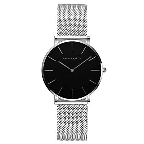 Image of Hannah Martin Ultra Thin Stainless Steel Mesh Band Waterproof Quartz Women's Wrist Watch (Black Dial, Silver-Tone Band)