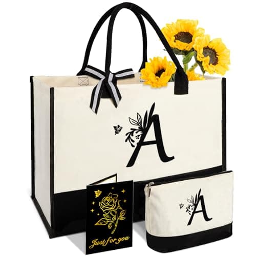 Image of Personalized Gifts for Women - Initial Canvas Tote Bag & Makeup Bag, Custom Bags for Beach, Christmas, Wedding, Birthday, Holiday, Monogram Birthday Gifts for Women, Mom, Wife, Teacher, Friend-A