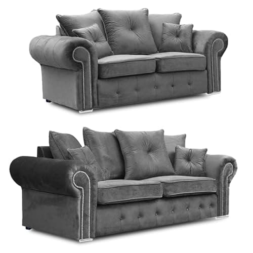 Image of Grey Olympia Settees - Chesterfield 5 Seater 2c2 Corner Sofas - Soft Fabric plush velvet 3+2 Seated Suite - Comfy 3&2 Seated Scatter Back Couch - Ashwinn Sofa Suites for Living Room (Grey, 3+2 Seater)