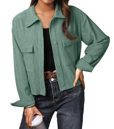 Image of IWOLLENCE Jacket Women Ladies Casual Jackets Women’s Corduroy Shirt Jacket UK Lapel Button-Down Long Sleeves with Pockets (Green, M)