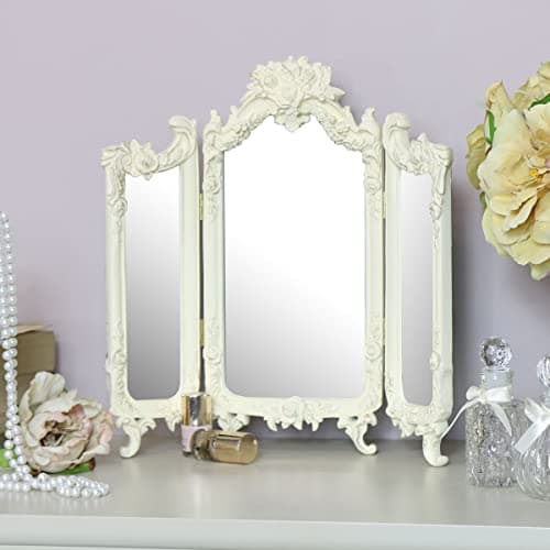 Image of Melody Maison Small Ornate Cream Rose Triple Mirror - 38cm x 38cm