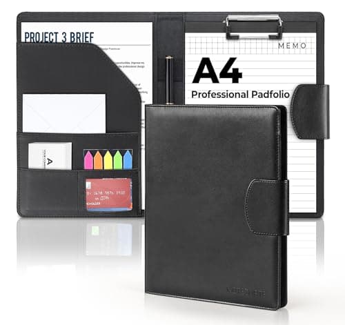 Image of NOTEZMATE Portfolio Folder A4,Faux Leather Conference Folder with Magnetic Closure,Black Fold Over Business Organiser,Clipboard with Pocket Document Resume File,Card Holder,Clipboard,Memo Writing Pad