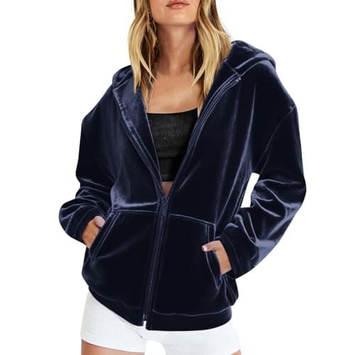 Image of KUIH Velvet Zip Up Hoodie Women Casual Warm Jacket Long Sleeve Sweatshirt with Pockets Fleece Hoody Jacket Womens Autumn Winter Cardigan Pullovers Sweat Top Plain Hoodies Thermal Outwear Navy