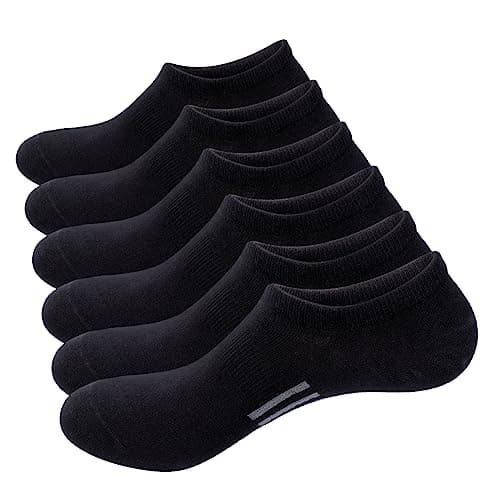 Image of YUEDGE Men's No Show Socks, 6 Pairs Breathable Lightweight Cotton Casual Invisible Low Cut Trainer Socks with Arch Support and Non-Slip Silicone Stripes, Size 6-10, Black