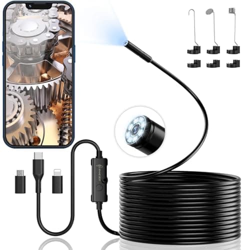 Image of Endoscope Inspection Camera, Ennovor 1920 HD Flexible Rigid Snake Inspection Camera, 8 LED Lights No WiFi Endoscope, IP67 Waterproof Sink Pipe Drain Borescope, Android iOS (Single-lens 5m)