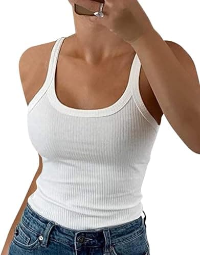 Image of TrendiMax Women's Strap Ribbed Tank Top Scoop Neck Slim Fit Summer Vest Tops(M,White)