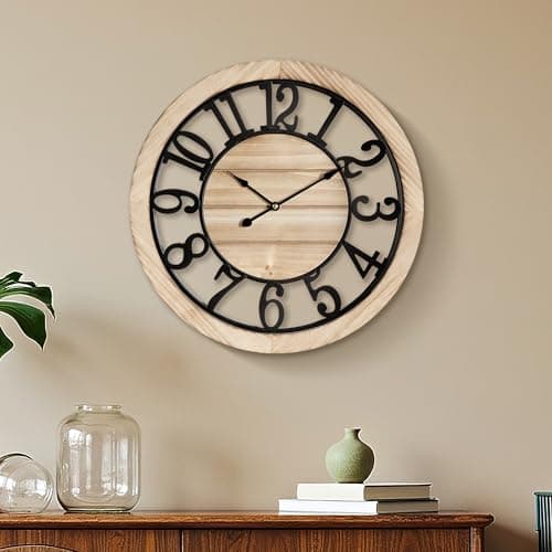Image of Maxstar 40cm Wall Clock For Living Room Decor, Ultra-Silent Rustic Wooden Farmhouse Wall Clock with Metal & Real Wood Frame, Battery Operated, For Kitchen Bedroom Office, Arabic Numerals