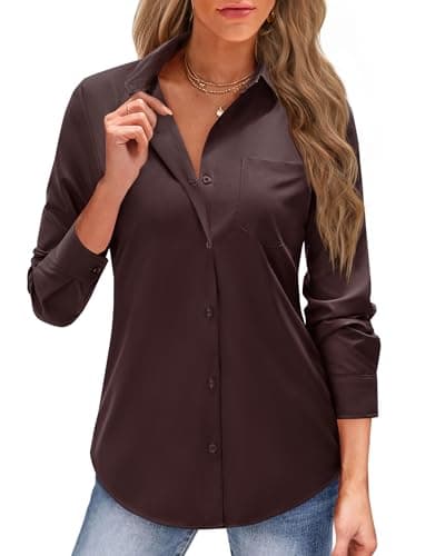 Image of J.VER Button Down Shirts for Women Long Sleeve Dress Shirts Solid Business Casual Collared Work Blouses Tops, Coffee Bean, M