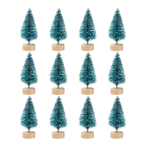 Image of 12 Pcs Mini Christmas Tree, Bottle Brush Christmas Trees, Mini Ornaments Tabletop Tree, Miniture Snowing Pin Trees With Wooden Bases for Xmas Holiday Party HomeTable Craft Decor Decorations (Green)