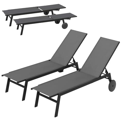 Image of Multigot Outdoor Sun Lounger with Wheels, Set of 1/2 6-Position Adjustable Chaise Lounge Chair Metal Frame Garden Sunbed, Portable Fabric Reclining Chair Deck Chairs for Poolside (Grey, 2PCS)