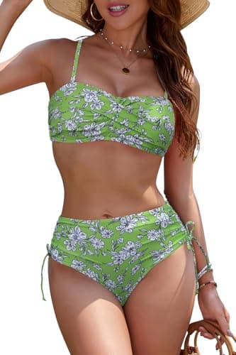Image of Oheyeseker Women's Bikini Set Twist Front Strapless Bandeau Swimsuit Top with Side Tie Bathing Suit Bottom Green