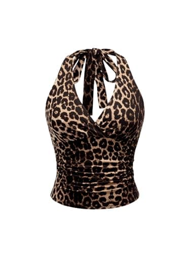 Image of GORGLITTER Women's Leopard Ruched Crop Halter Tops V Neck Tie Backless Grunge Punk Y2K Tops Brown M