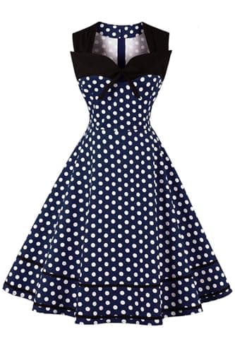 Image of AXOE Women's 1950s Vintage Rockabilly Dresses A-line Fancy Costumes Sleeveless for Wedding Tea Party Navy Blue and White Polka Dots UK Size 14, L
