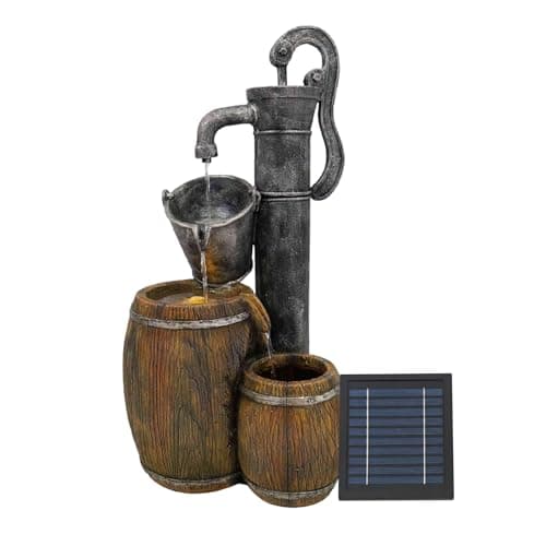 Image of Solar Water Feature, 2-Tier Wooden Barrel with Battery Backup – Solar Powered Garden Fountain, No Wiring or Running Costs, Outdoor Patio & Lawn Décor