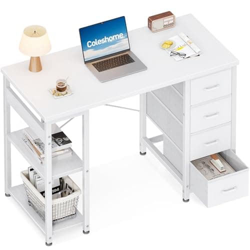 Image of Coleshome Small Computer Desk with Drawers, 100x40cm Office Desk with Storage Shelves, Reversible Study Table for Home Office, Small Space, White