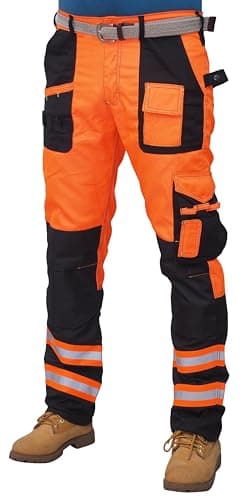 Image of HASHOOB TRADING FZE Men’s Hi Vis Trousers High Visibility Mens Work Trousers Multi Pocket Workwear Pants (T2HV-OR1, 36W X 30L) Orange