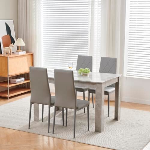 Image of Homullel 5 Piece Dining Room Table and Chairs Set for Dining Room Kitchen, Modern Wooden Dining Table with 4 Chairs for Family Dinner Set 120cm Grey Marble Table