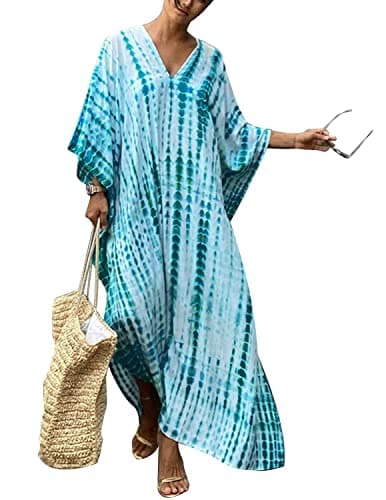 Image of QUNERY Women Kaftan Bathing Suit Bikini Cover Up Free Size Caftans Long Tunic Beach Maxi Dresses B-White Blue Green one Size