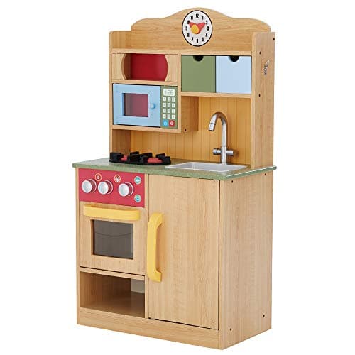 Image of Teamson Kids Little Chef Florence Classic Interactive Wooden Play Kitchen with Accessories and Storage Space for Easy Clean Up, Wood Grain with Red and Yellow Accents