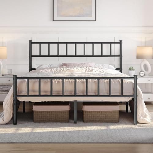Image of Yaheetech Double Metal Bed Frame 4ft6 Modern Style Bed Frame with Headboard and Footboard, Solid Slatted Base Black