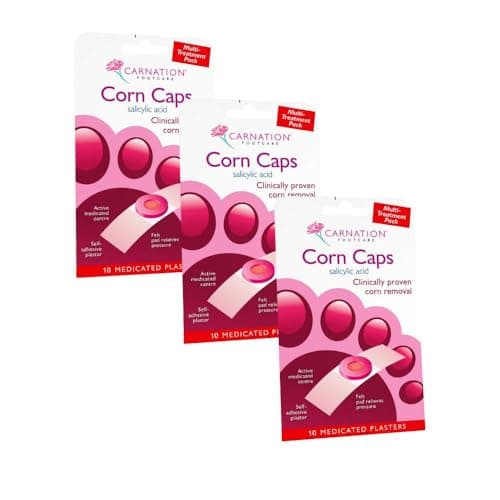 Image of Carnation Footcare Corn Caps x 3 pack, (30 caps in total) all-in-one, Salicylic Acid paste with soft felt corn ring. Relieves pressure and pain. One step application.